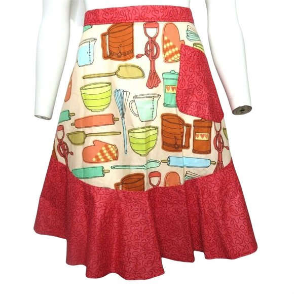 Retro Cooking Half Apron One Size Baking Red Ruffle Pocket Tie Waist NEW - Picture 2 of 11